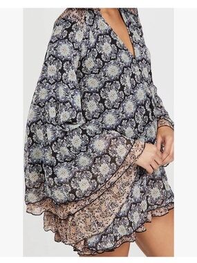 Free People Black Multi Floral Medallion Ruffle Mini Dress